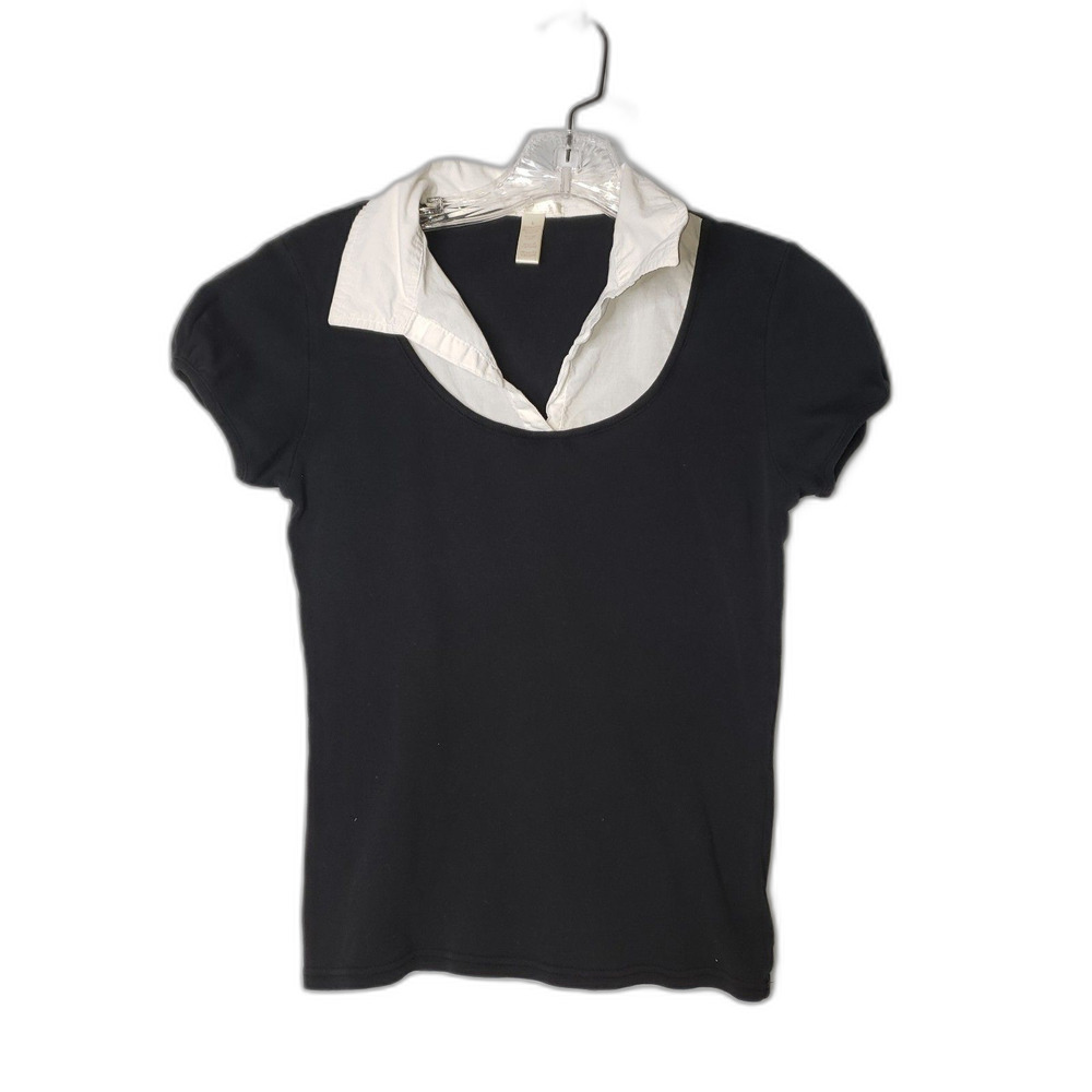 Vintage 90's Black Short Sleeve Top White Contrast Collar Juniors Size Large